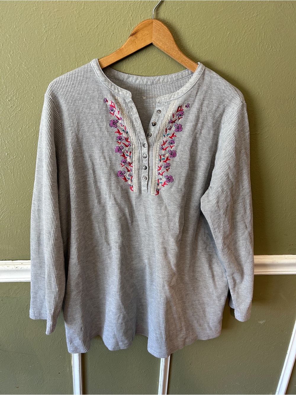 Embroidered Waffle Knit Henley Top - Gray with Pink Floral Accents Bella Swan 1X